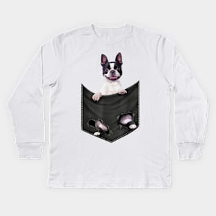 Boston Terrier Dog In Pocket Kids Long Sleeve T-Shirt